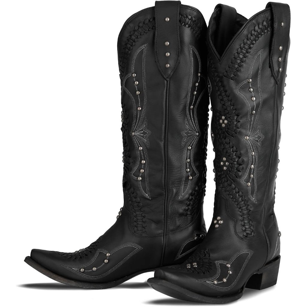 Women's Black Knee High Western Cowgirl Boots Pointed Toe Chunky Heel Pull On